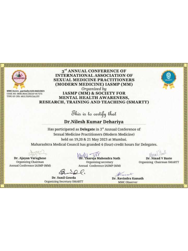 Sexologist Certificate of Dr Nilesh Dehriya 7
